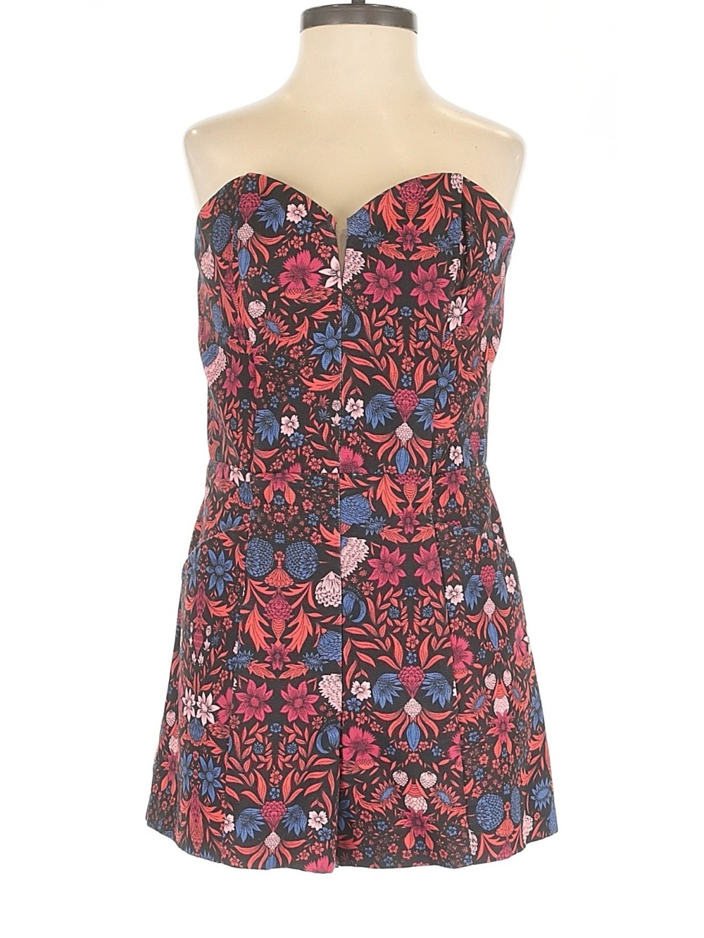 Strapless Floral Print Romper - Pink & Blue